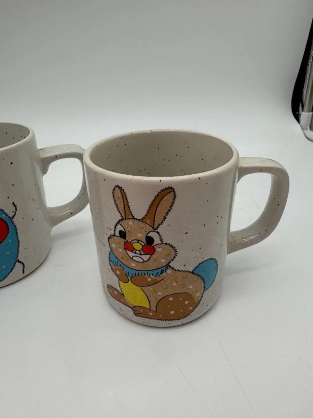Vintage 1970s Speckled Stoneware Mug Set of 3 Owl Ladybug Bunny Retro Kitsch